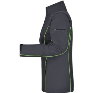 A grey ladies zip-off softshell jacket with green accents and a side zip pocket, featuring a sleek design.