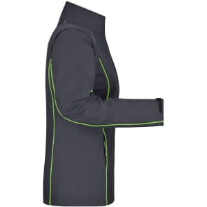 A softshell jacket in dark grey with green accents, featuring a zip-off design and a side view display.