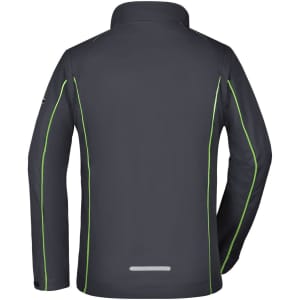 A dark grey softshell jacket with green accents, featuring a zip-off design and a logo on the back.