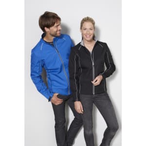 A blue ladies zip-off softshell jacket and a black men's version, both featuring contrasting white stitching.