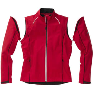 A red ladies zip-off softshell jacket with detachable sleeves and a branded logo.