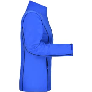 A blue ladies zip-off softshell jacket with a sleek design and zippered pockets, featuring a logo.