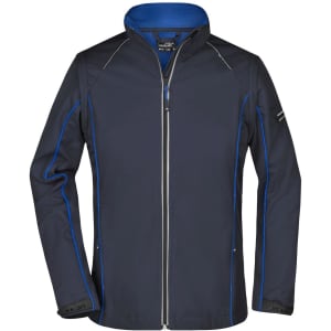 A navy blue zip-off softshell jacket with light blue accents and a logo on the sleeve.