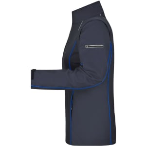 A softshell jacket in navy blue with contrasting blue accents and a zip-off feature, featuring a side view.