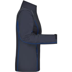 A softshell jacket in dark grey with blue detailing, featuring a high collar and zip-off sleeves.
