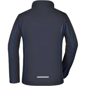 A navy blue ladies zip-off softshell jacket featuring blue detailing and a logo on the sleeve.