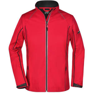 A red ladies' zip-off softshell jacket featuring contrasting black trim and a logo on the sleeve.
