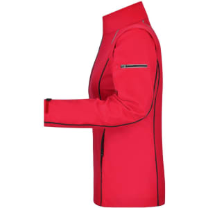 A red ladies zip-off softshell jacket featuring black detailing and a side zip pocket.
