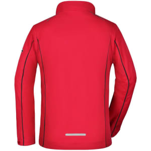 A red zip-off softshell jacket with a high collar and reflective detailing on the back. It features a logo.