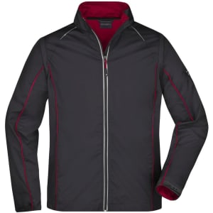 A black zip-off softshell jacket with red accents and a zippered front, featuring a collar and a branded logo.