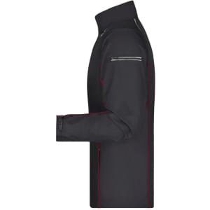 A men's zip-off softshell jacket in black with red accents, featuring a side view and a logo on the collar.