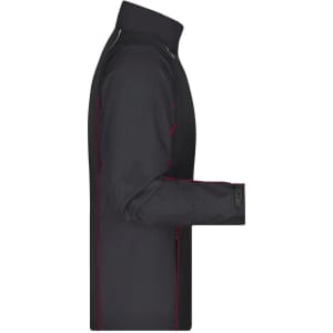 A black men's zip-off softshell jacket with red detailing and a high collar. Features a logo on the sleeve.