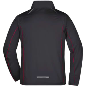 A black zip-off softshell jacket featuring contrasting red stitching and a reflective logo.