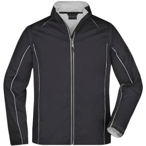 A men's zip-off softshell jacket in black with white piping details, featuring a smooth front and collar.