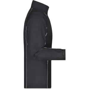 A black men's zip-off softshell jacket featuring a high collar and white trim along the seams. It has a logo on it.