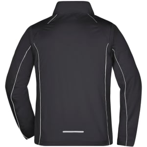 A black zip-off softshell jacket with contrasting white stitching and a collar. Features a logo on the back.