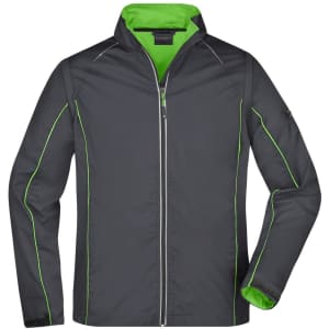 A men's zip-off softshell jacket in grey with green accents and a logo on the chest.