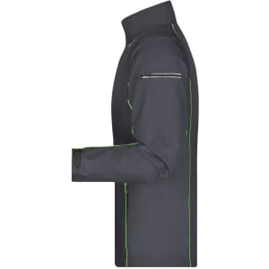 A men's zip-off softshell jacket in charcoal grey with green detailing and a logo. Side view showcasing the design.