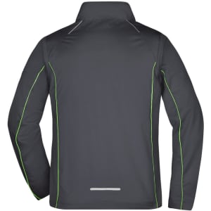 A men's zip-off softshell jacket in dark grey with green detailing, featuring a sporty design and a logo on the back.