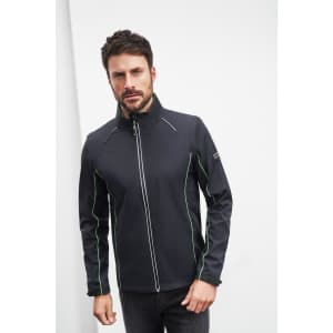 A black softshell jacket with green zipper detailing and a logo on the sleeve.