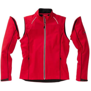 A red zip-off softshell jacket with removable sleeves and contrasting black lining. It features a front zip and two pockets.