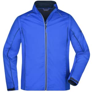 A blue men's zip-off softshell jacket with a sleek design and contrasting black details. It features a zip closure and a collar.