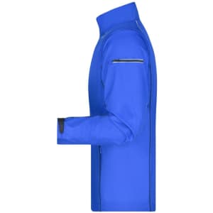 A blue softshell jacket featuring a zip-off design and a logo on the chest pocket.