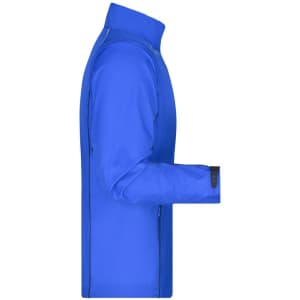 A blue zip-off softshell jacket with a fitted silhouette and a logo present on the fabric.