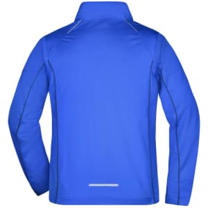 A blue men's zip-off softshell jacket features a sleek design and includes a logo on the back.