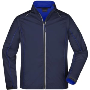 A navy men's zip-off softshell jacket with contrasting blue accents and a logo on the sleeve.