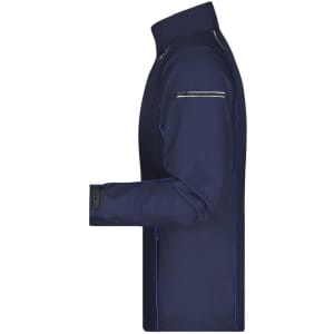 A navy men's zip-off softshell jacket featuring contrast stitching and a zippered pocket on the chest.