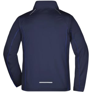A navy blue men's zip-off softshell jacket with contrasting blue stitching and a reflective detail at the back.