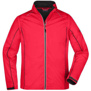 A red zip-off softshell jacket featuring contrasting black detailing and a logo on the sleeve.