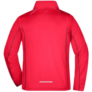 A red men's zip-off softshell jacket with contrasting stitching and a high collar, featuring a logo.