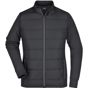 A black hybrid sweat jacket with a zip closure and side pockets, featuring a logo on the front.