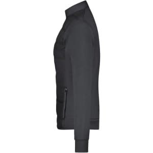 A black hybrid sweat jacket with a zippered pocket, featuring a sleek, fitted design. It has a branding logo.