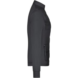 A dark grey ladies hybrid sweat jacket with a zip pocket and a fitted design. It features a logo on the chest.