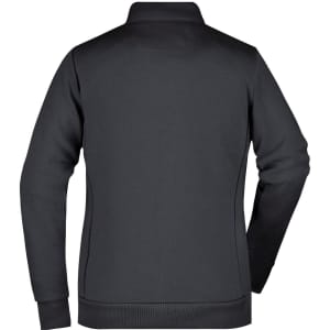 A black women's hybrid sweat jacket featuring a high collar and fitted design, with a logo on the back.