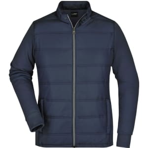 A navy blue ladies hybrid sweat jacket featuring a zip front and side pockets, with a logo on the chest.