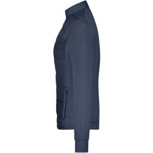 A navy blue hybrid sweat jacket featuring a zippered pocket and a sleek, modern design. It has a logo on it.
