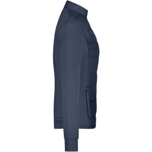 A navy hybrid sweat jacket featuring a zippered front, pockets, and a fitted design. It has a branding logo.