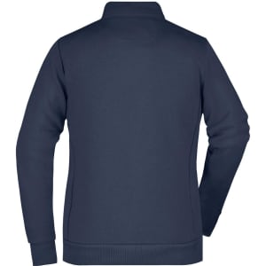 A navy ladies hybrid sweat jacket with a collar and a logo on the back, featuring a simple design.
