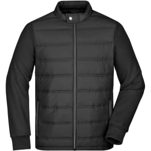 A black hybrid sweat jacket featuring a zip front, padded body, and long sleeves with a logo.