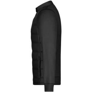 A black men's hybrid sweat jacket featuring a smooth fabric and padded front panel, with a logo present.