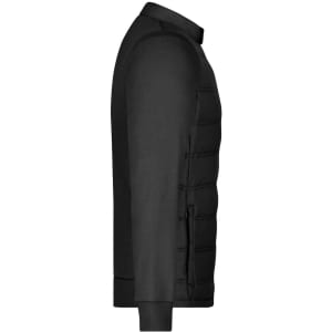 A men's hybrid sweat jacket in black, featuring a side view with a mix of smooth and quilted fabric.