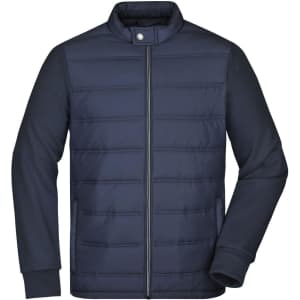 A navy blue hybrid sweat jacket featuring a zipped front and a collar. It has a logo on it.