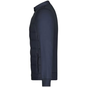 A men's hybrid sweat jacket in navy blue featuring a quilted design and a fitted silhouette. Includes a logo.