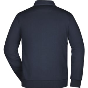 A navy blue men's hybrid sweat jacket featuring a collar and a logo. The back view shows a plain design.