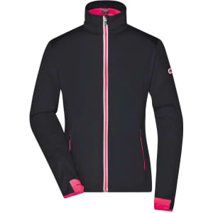 A black softshell jacket with a pink zip and cuffs, featuring a logo on the sleeve.