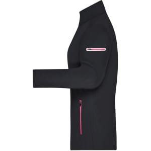 A black ladies' softshell jacket with pink zippers and a fitted design, featuring a logo on the sleeve.